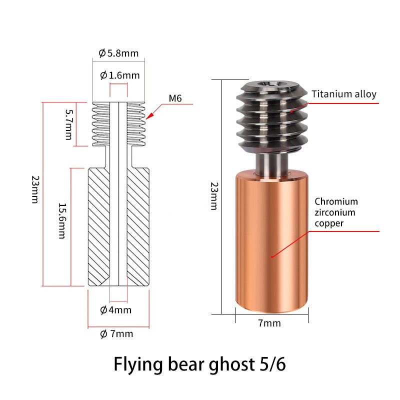A technical drawing of the Flying Bear Ghost 5/6 by 3D Printing Perth - Cirrus Link showcases the dimensions and materials, including titanium alloy and chromium zirconium copper, featuring a Titanium Red Copper Throat design with M6 thread (23x7mm), ideal for 3D printing.