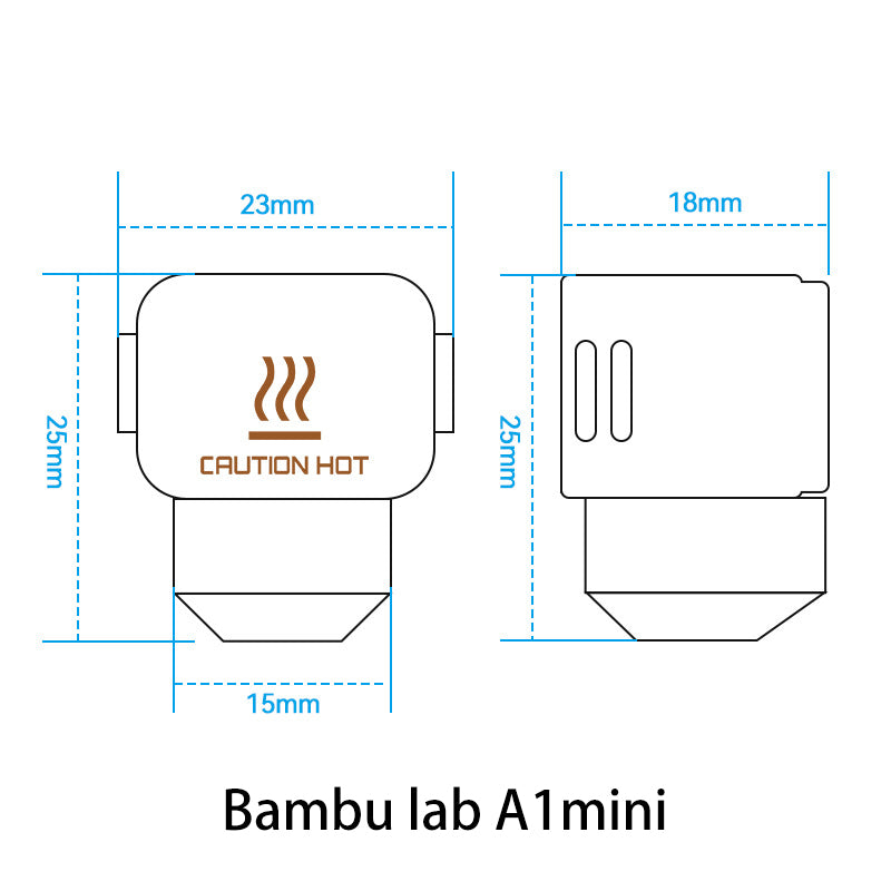 The Bambu Lab A1 Mini Silicone Case by 3D Printing Perth - Cirrus Link, designed for 3D printing applications, features dimensions of 23mm in width, 18mm in depth, and 25mm in height. It includes a "Caution Hot" label with an icon and has a nozzle diameter of 15mm. The silicone case is engineered to enhance safety and ensure optimal performance up to temperatures of 300°C.