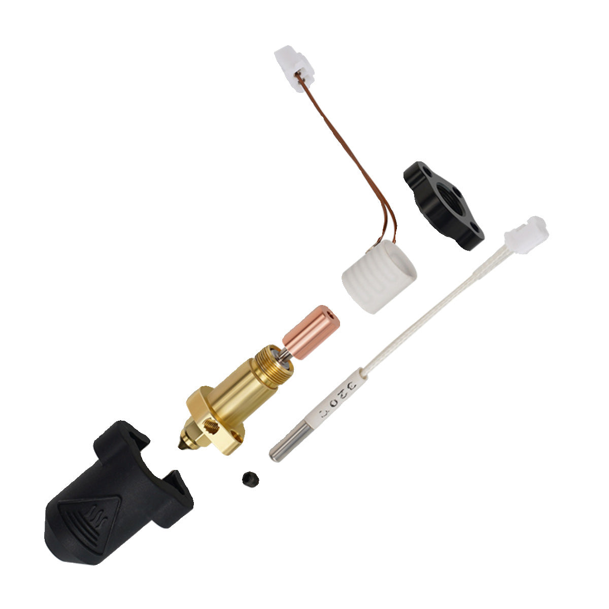 A disassembled gas valve assembly featuring a brass connector, copper tube, plastic knob, and wiring components is set against a white backdrop, mirroring the precision found in 3D Printing Perth - Cirrus Link's Creality K1/K1 Max High Flow Ceramic Hotend with specs such as a 32mm³/s flow rate and a 0.4mm nozzle, capable of a 600mm/s speed and tolerating up to 300℃.