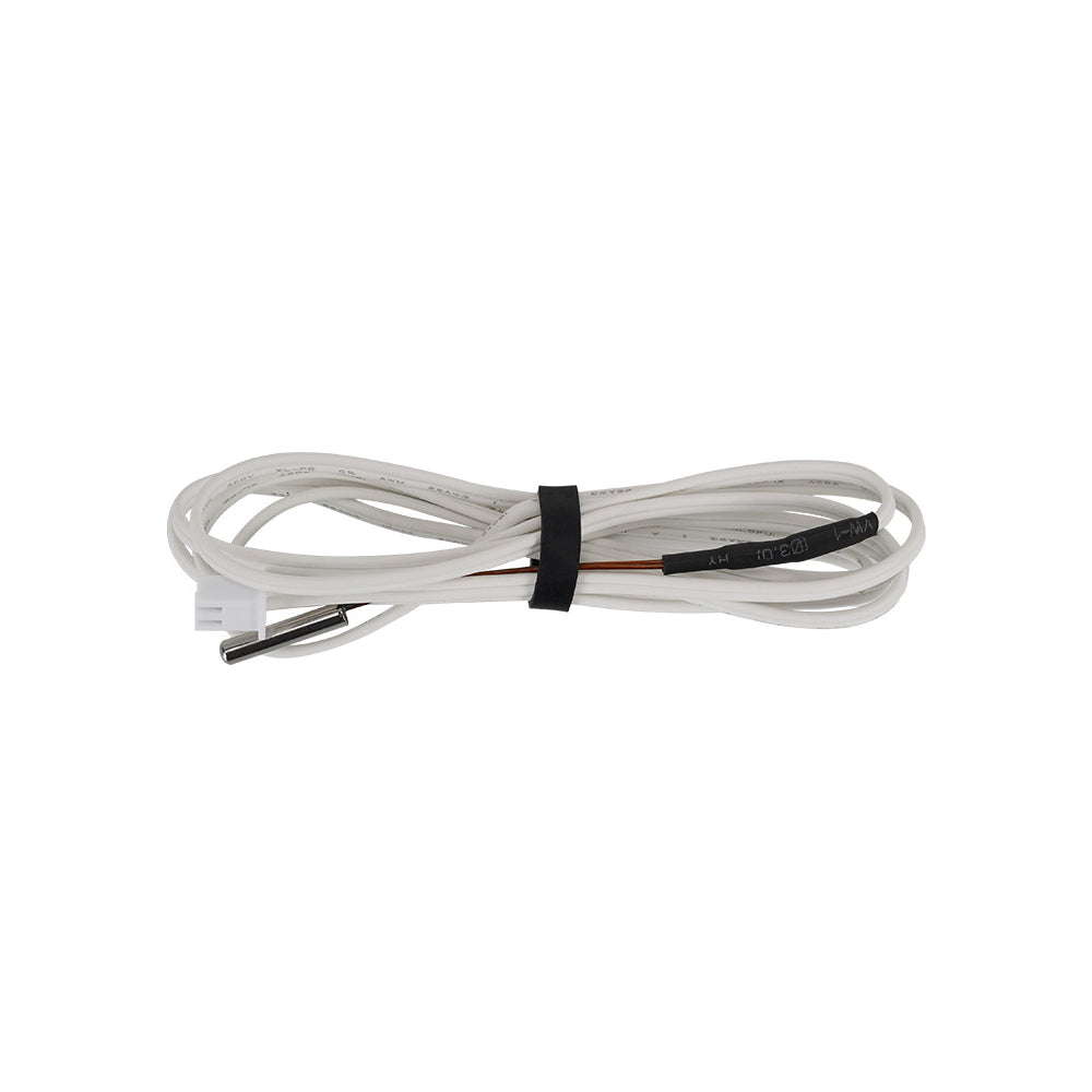 The Dumet Wire Thermistor 100k 3950 by 3D Printing Perth - Cirrus Link is a coiled white cable with a black band, featuring a metallic sensor and white connector, ideal for precise temperature control in 3D printing projects.