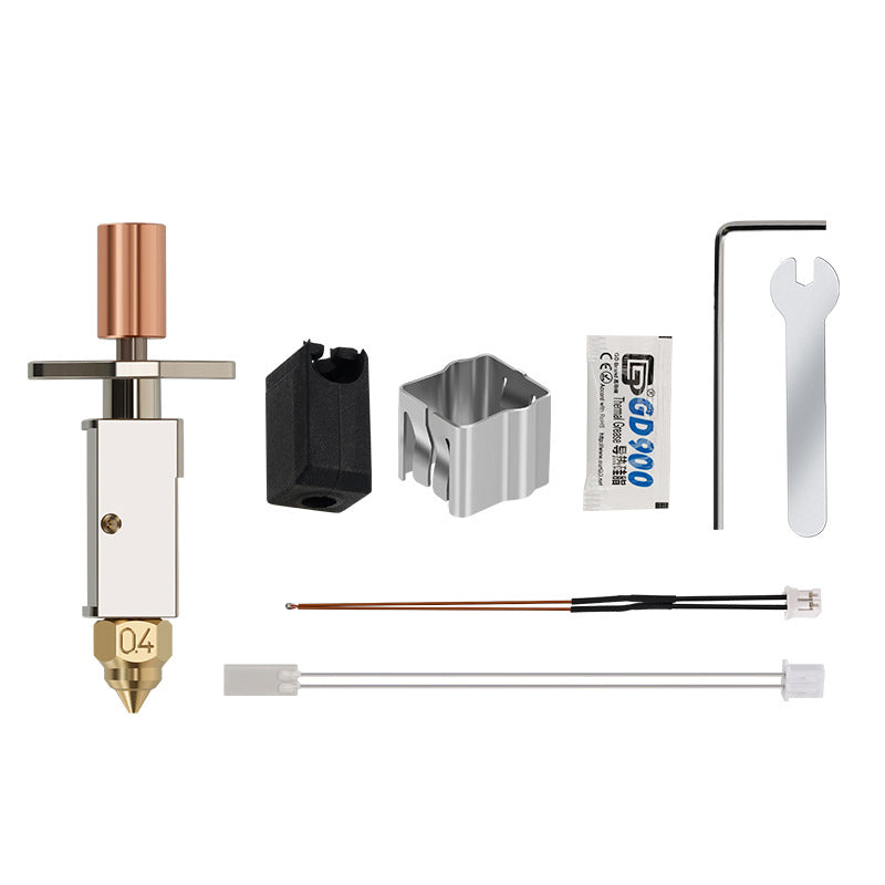 The K1/K1 Max Ceramic Heater Upgrade Hot End Kit by 3D Printing Perth - Cirrus Link, featuring a hex wrench, spanner, heat block, thermal paste packet, and rods, provides high-temperature capability at up to 550 degrees Celsius and increases flow rate by 50%.