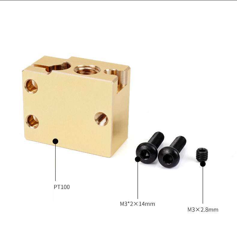 The Brass PT100 Volcano Heat Block New Version by 3D Printing Perth - Cirrus Link includes threaded holes, two black M3x14mm screws, and a small M3x2.8mm screw with labels for PT100 sensors and screw sizes for easy identification.