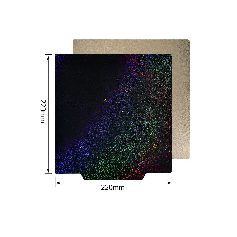 The Dual-Sided PEI/PEY Build Plate (220mm x 220mm, no magnet base) from 3D Printing Perth - Cirrus Link features a black holographic and gold reflective sheet, perfect for your 3D printer’s heated bed or build platform.