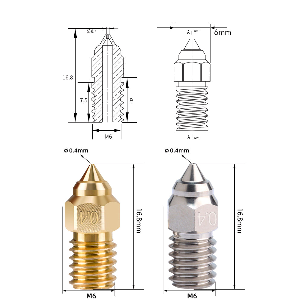 The ASR Creality High-Speed Brass Nozzle for Ender/K1 Series features a 0.4mm diameter, M6 thread, and 16.8mm length. Technical drawings and dimensions are shown above. Ideal for high-speed 3D printing.
