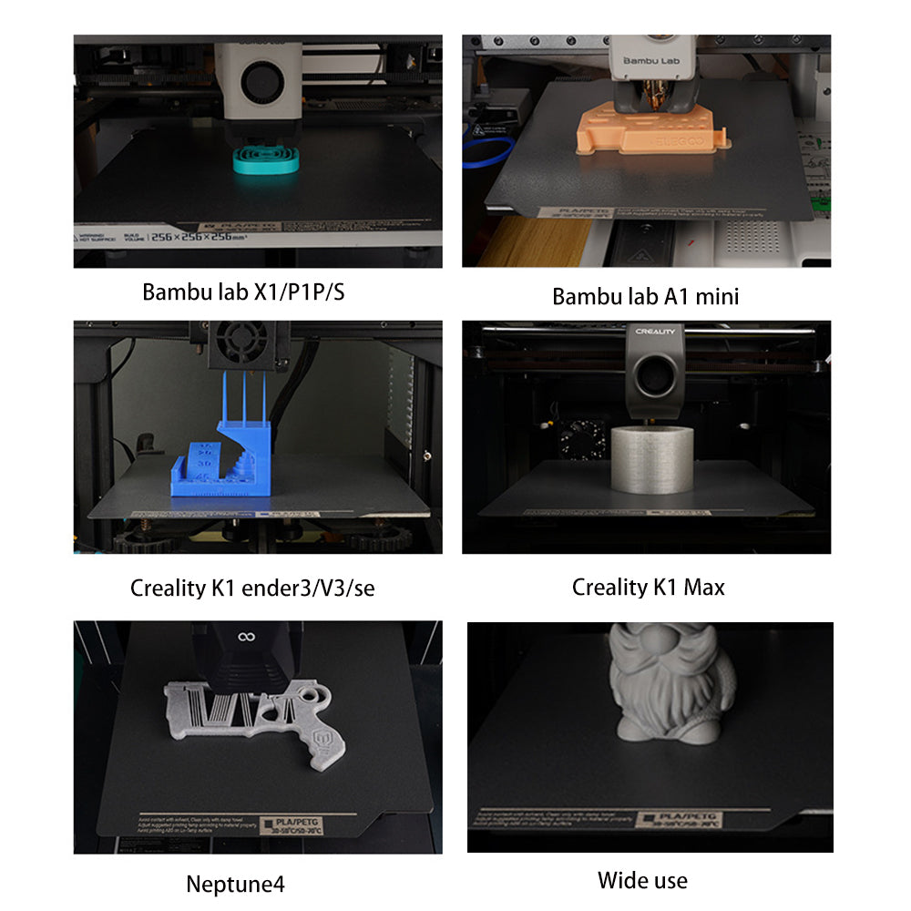 A collage of 3D printers showcases models like the Bambu Lab X1/P1P/S, Bambu Lab A1 Mini, and Creality K1 Ender3/V3/SE. The Creality K1 Max stands out with its Polyurea Hot Bed Platform from 3D Printing Perth - Cirrus Link, featuring a double-sided coating suitable for PLA PETG ABS, alongside Neptune4 and others, displaying a variety of impressive 3D prints.