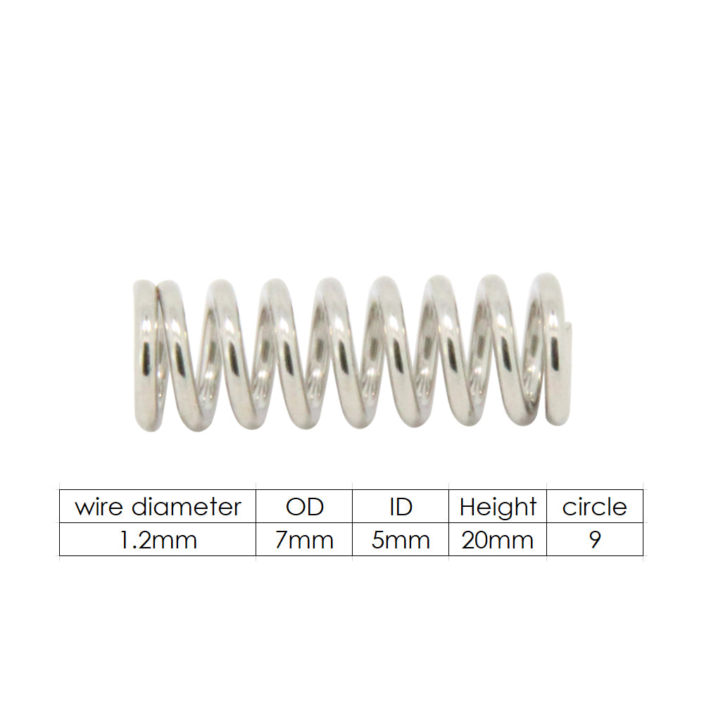 The ASR Heatbed Leveling Spring – Strong Steel M3-Compatible features a 1.2mm wire diameter, 7mm outer diameter, 5mm inner diameter, 20mm height, and 9 coils—ideal for heated bed support in 3D printers.