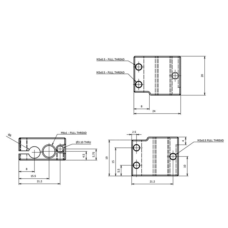 A technical drawing showcases the 6063 Aluminum Volcano Heat Block for PT100 Sensor by 3D Printing Perth - Cirrus Link, with dimensions, measurements, and specifications for machining and assembly.