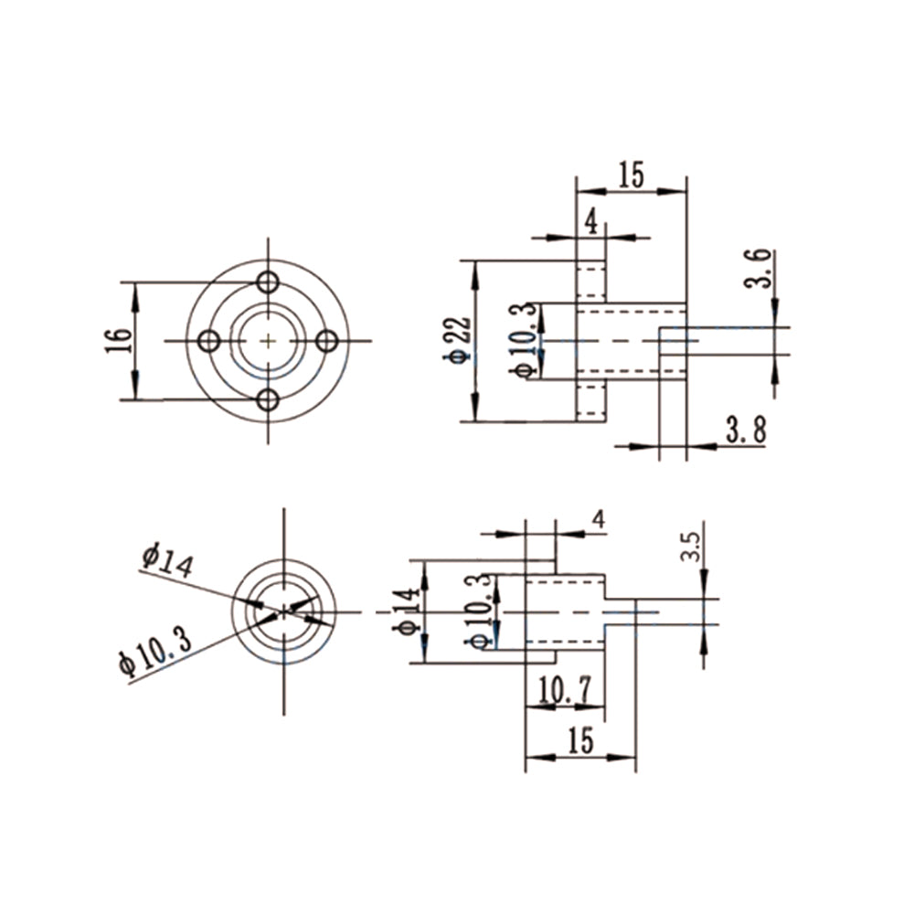 Technical drawing of an ASR T8 Brass Flexible Nut – H-Type Brass Lead Nut for Z-Axis Elevation, showing front, side, and sectional views with dimensions and hole placements labeled in millimeters.