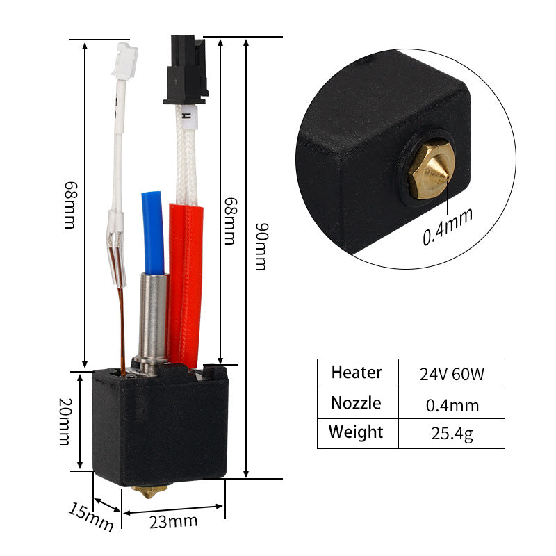 Diagram of the high-performance Anycubic Kobra 2 Hotend 24V 60W Extruder Assembly by 3D Printing Perth - Cirrus Link, measuring 68mm x 15mm x 23mm. Includes a precise close-up of the 0.4mm nozzle; weighs just 25.4g, and features a powerful heater for detailed 3D printing.