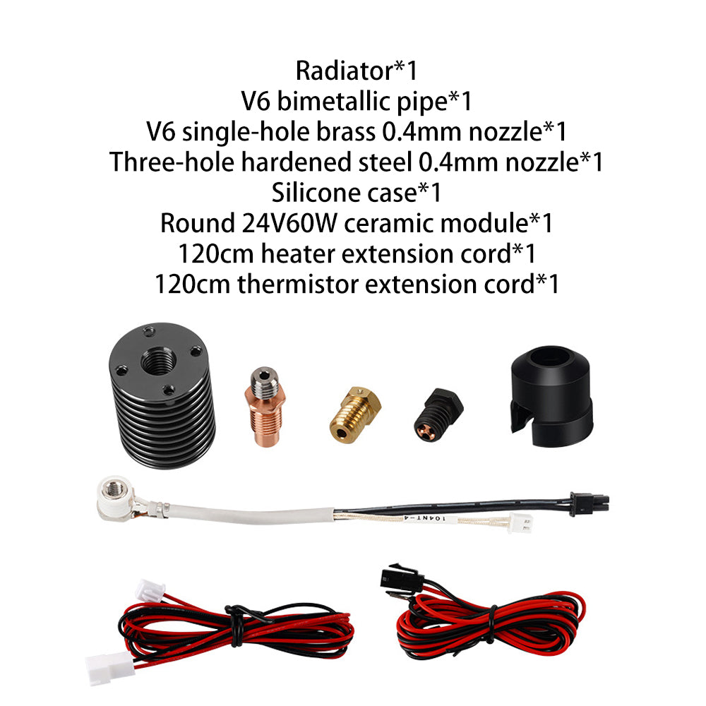 A variety of components from the "V6 Voron 24V Ceramic Kit for Voron 0 1 2 2 4 Prusa i3" by 3D Printing Perth - Cirrus Link, featuring a radiator, nozzles, the V6 Voron Ceramic Heater, and extension cords for efficient 24V heating in 3D printing applications, are showcased on a white background.