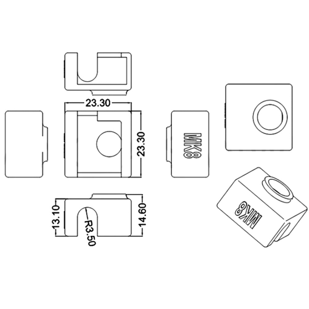 A technical drawing of a component labeled "MK8" showcases multiple views and precise dimensions, including 23.30mm, 14.60mm, 13.10mm, and a radius of 3.50mm—designed for integration into a 3D printer with the optional use of the Mk8 Silicone Sleeve for Heat Insulation and Anti-Scalding by Cirrus Link from 3D Printing Perth to enhance safety and efficiency.