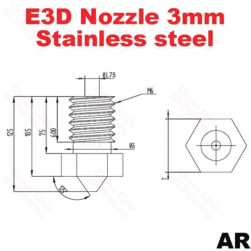Stainless steel M6 threaded nozzle for E3D V5/V6, compatible with 1.75mm/3mm filament.