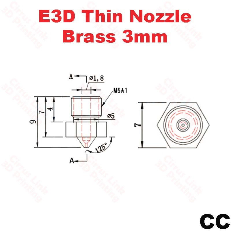 Nozzle E3D Thin Brass M5 threaded nozzle for 1.75/3mm: High-quality nozzle for precise filament extrusion.
