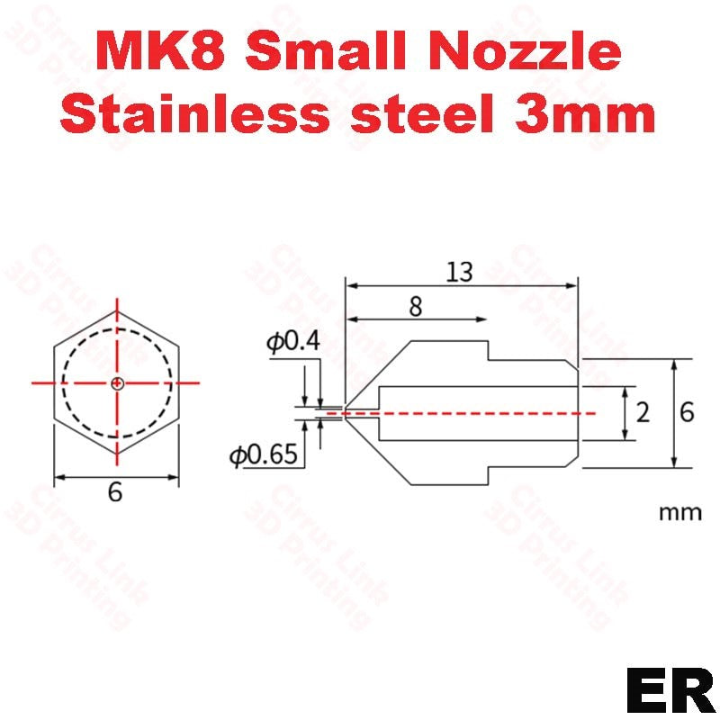 Nozzle MK8 Stainless Steel M6 threaded nozzle for 1.75/3mm.