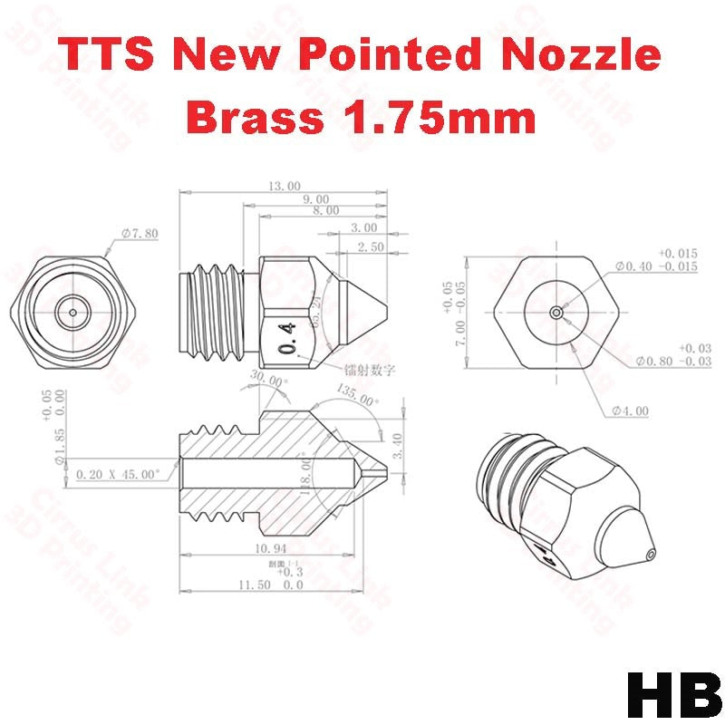 Nozzle TTS Pointed Brass M6 threaded nozzle for precise printing.