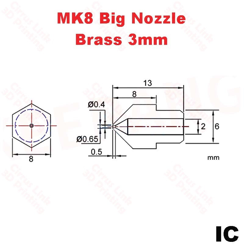 Nozzle Big MK8 Brass M6 threaded nozzle for 1.75/3mm - High-quality and versatile nozzle for 3D printers.