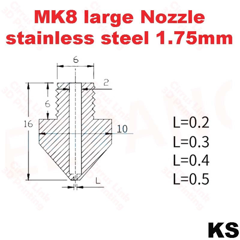 Get precise and reliable 1.75/3mm filament extrusion with this Nozzle Big MK8 Stainless Steel M6 threaded nozzle.