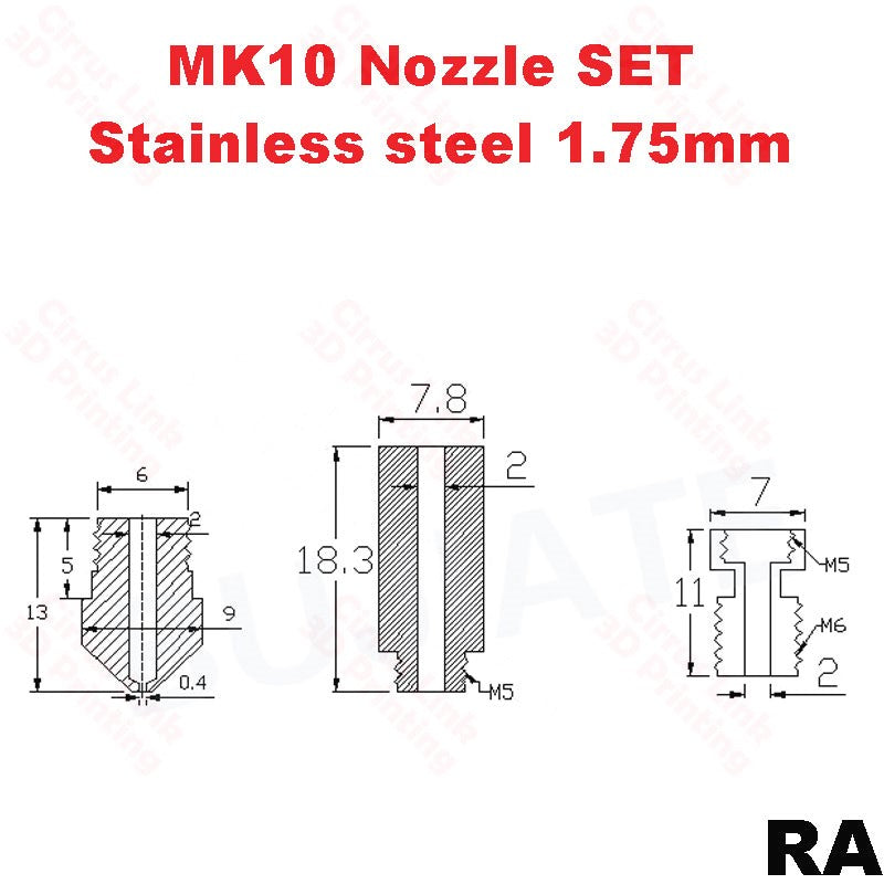 High-quality stainless steel MK10 nozzle set with M7 threading for precise 3D printing.