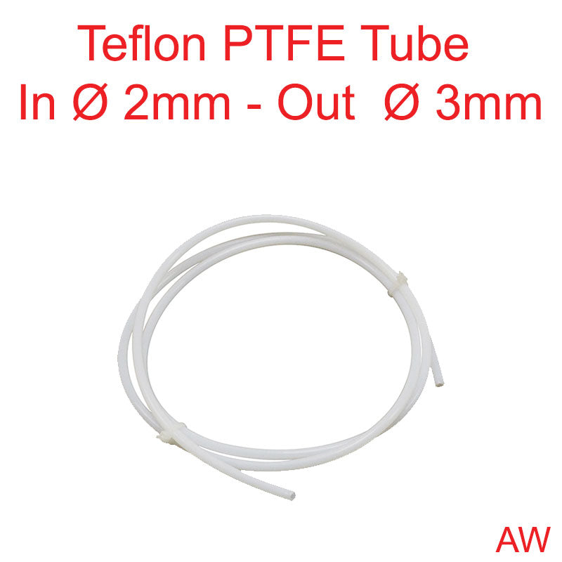 PTFE Teflon tube, 3mm outer Ø, 2mm inner Ø, sold per meter.