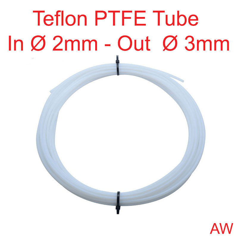 PTFE Teflon tube, 3mm outer diameter, 2mm inner diameter, sold per meter.