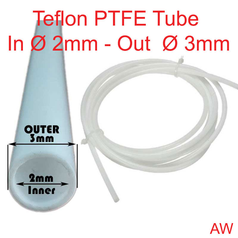 PTFE Teflon tube, 3mm outer Ø, 2mm inner Ø, sold per meter.