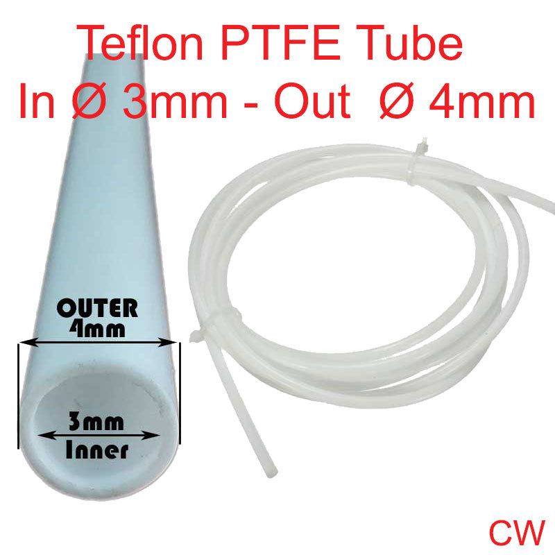 PTFE Teflon tube, 4mm outer diameter, 3mm inner diameter, sold per meter.