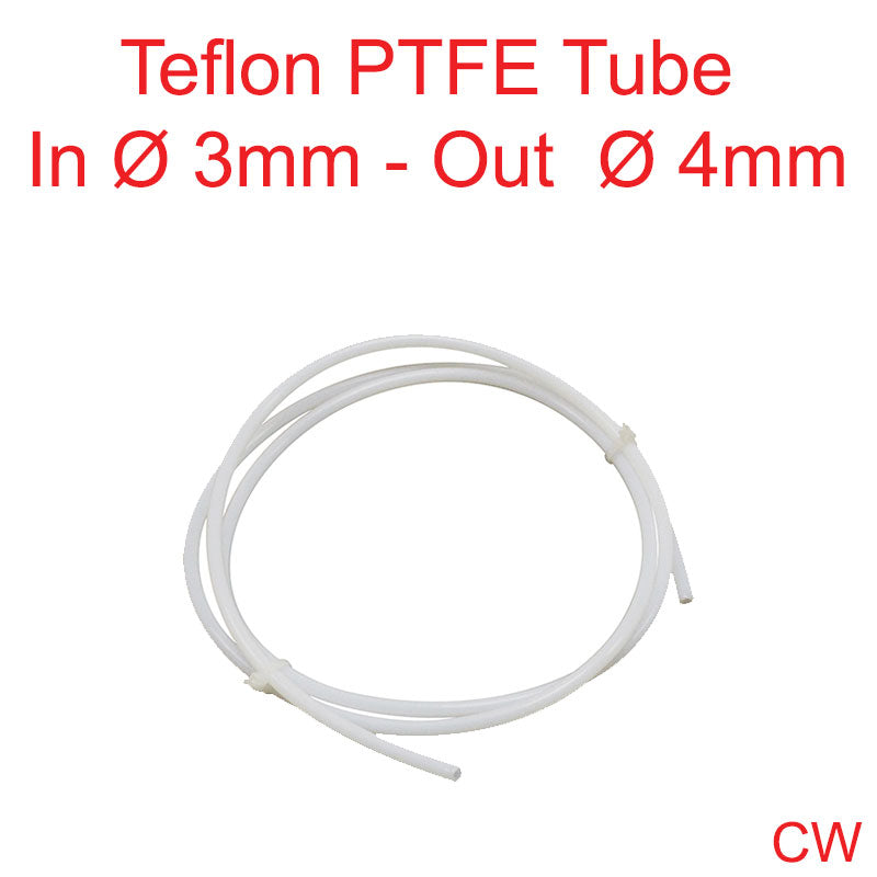 PTFE Teflon tube, 4mm outer diameter, 3mm inner diameter, sold per meter.