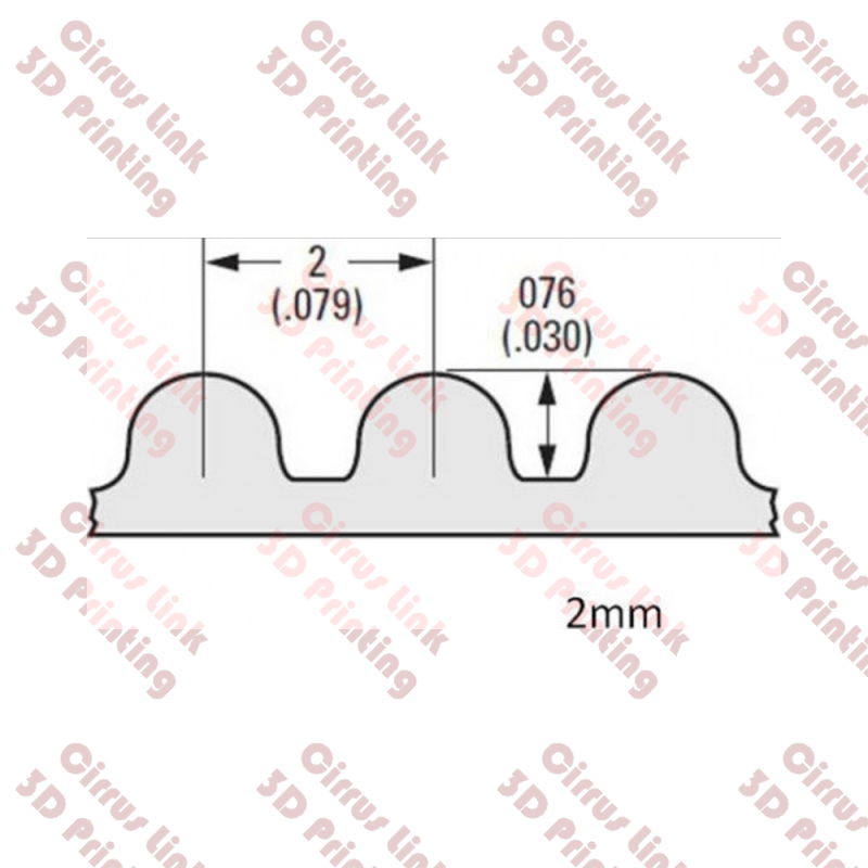 Technical diagram showing a cross-section of the ASR Sync Belt GT2 open 6mm Width Timing belt with wire inside, featuring rounded ridges spaced 2mm apart and 0.030" high—ideal for linear motion in 3D printers.