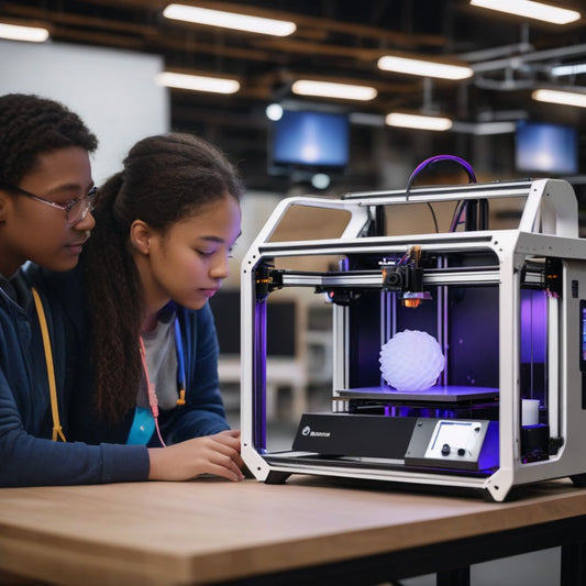 Two girls looking at a 3d printer.	