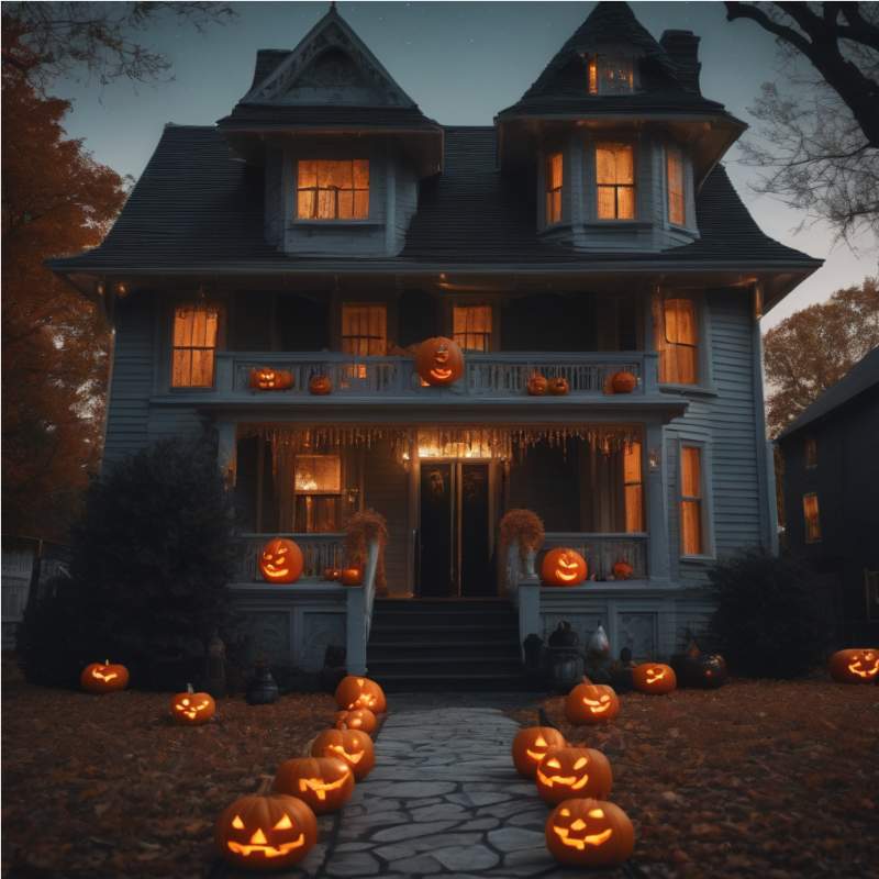 Lot of Lighted pumpkins outside house at night.
