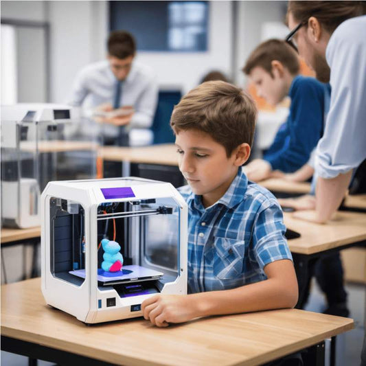 A boy is using a 3d printer in a classroom.