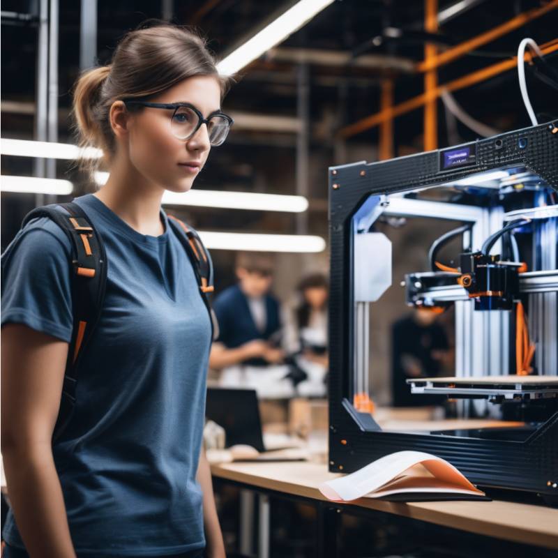 A woman in glasses is looking at a 3d printer.	