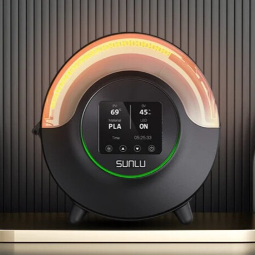 A round electronic device with a digital display showing numbers and settings, labeled "SUNLU," sits on a small platform against a striped background.