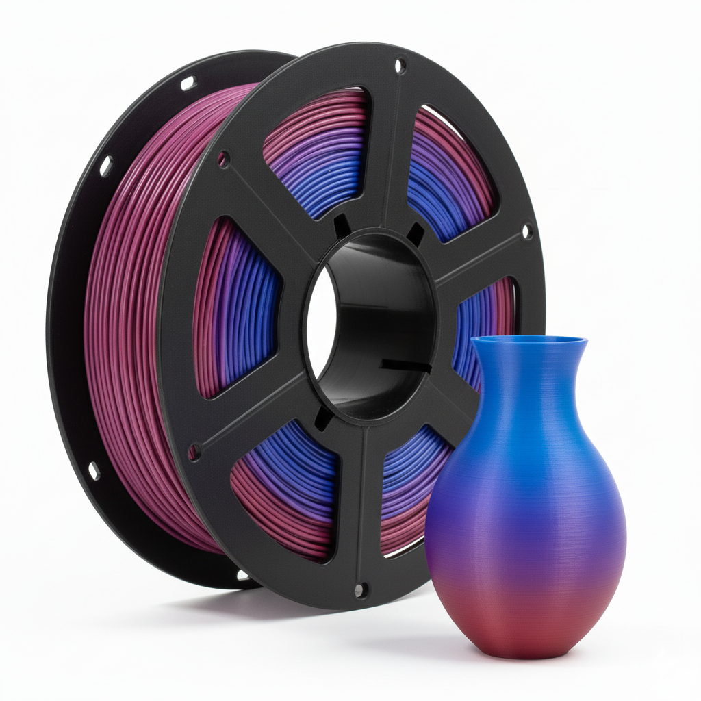 A spool of purple and blue gradient 3D printer filament next to a small vase printed in matching gradient colors.
