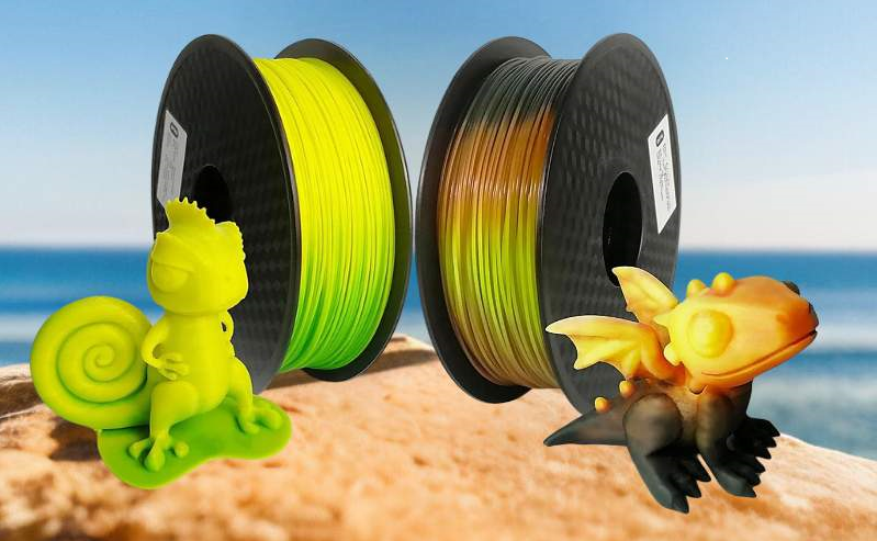 A spool of green and yellow pla filament.