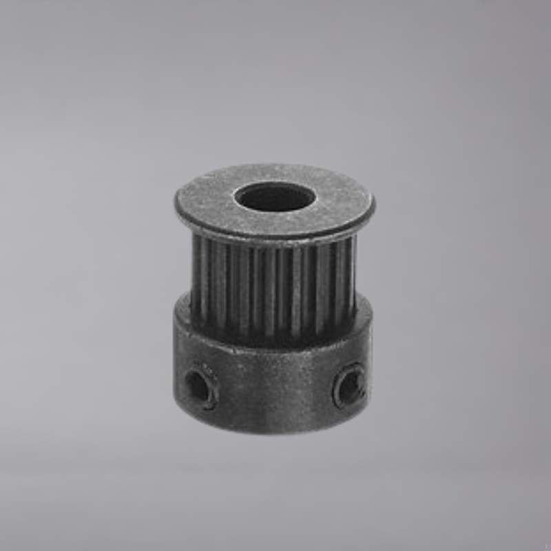 An image of a metal pulley on a gray background.