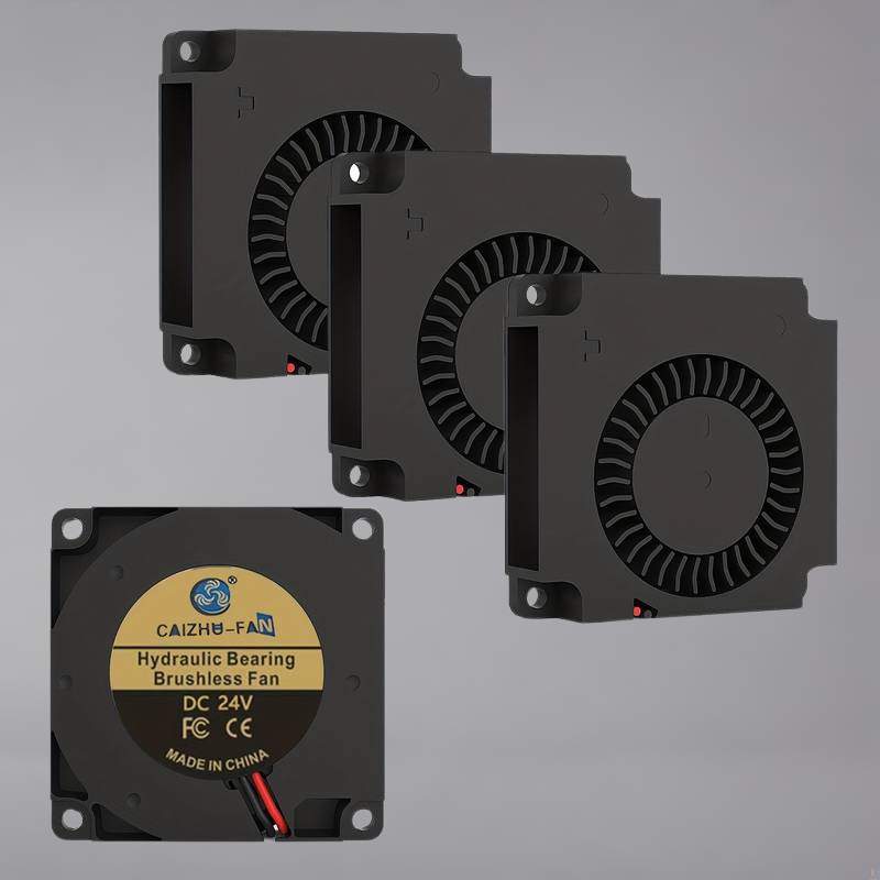 Four black hydraulic bearing brushless fans with DC 24V specifications are arranged in a row against a gray background.