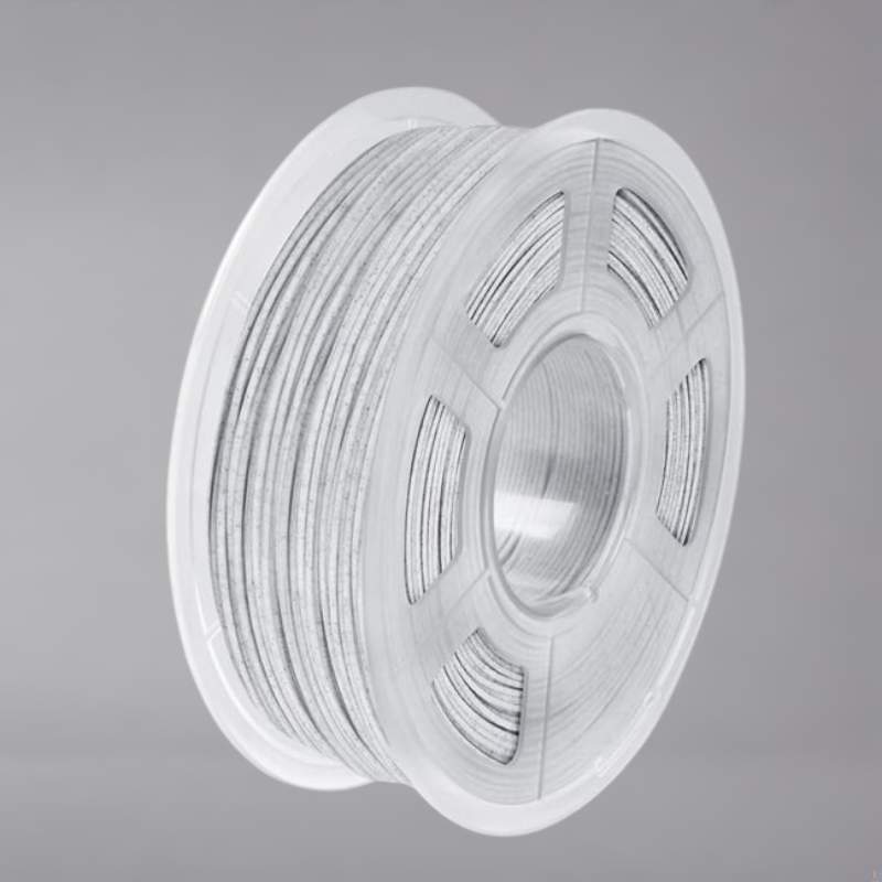 A spool of white pla filament on a gray background.