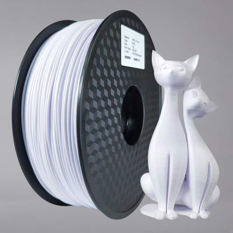 A spool of white pla filament with two cats on it.