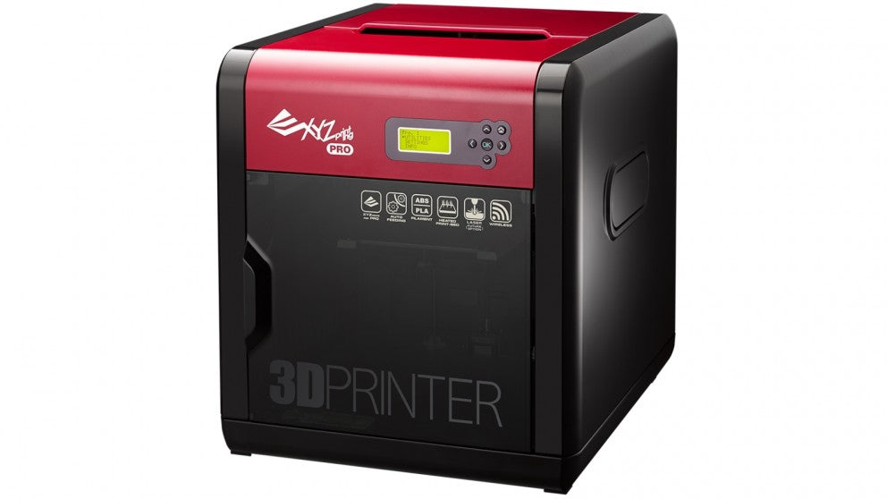 A red and black 3d printer on a white background.