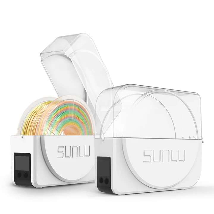 Two white SUNLU filament storage boxes are shown, one open displaying multicolored filament coils and one closed, both with transparent lids.