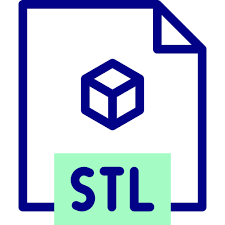 Icon of a document with a green label and blue cube symbol, signifying an STL file format used for 3D models.