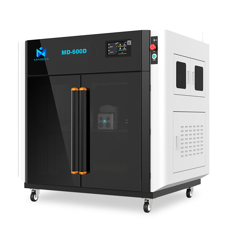 The 3D Printer MINGDA MD-600D for Commercial 600 X 600 X 600mm is a commercial-grade 3D printer with a sleek black and white exterior, featuring a transparent front door and control panel. With its large build volume, it’s mounted on casters for easy mobility.
