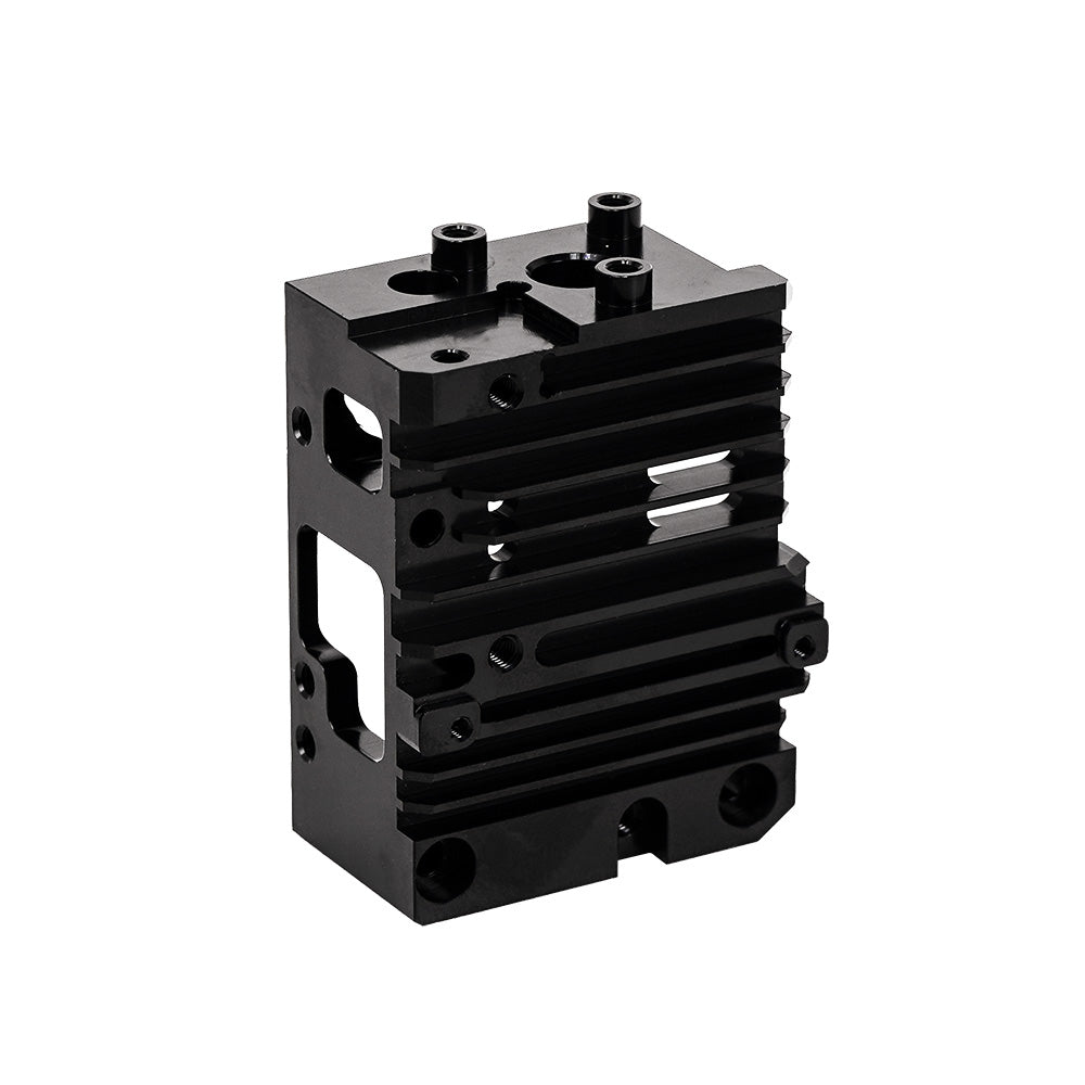 A black metal MINGDA Magician Feeding Extruder shell with holes for 3D printing.