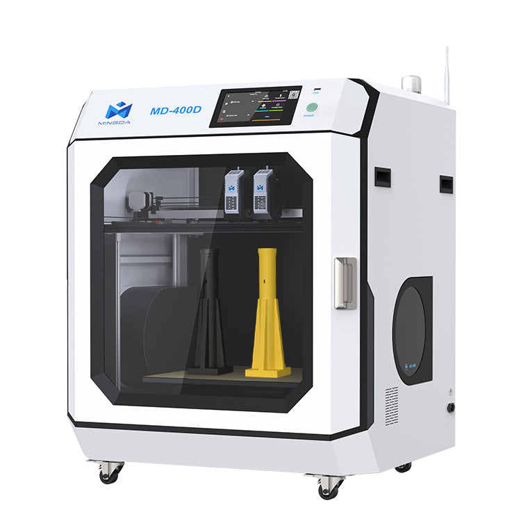 A white, box-shaped 3D Printer MINGDA MD-400D for Education 400 X 400 X 400mm 2024 Model with a transparent door shows two printed objects inside: one black and one yellow. The printer's interface and controls are visible on top, highlighting its large build volume.