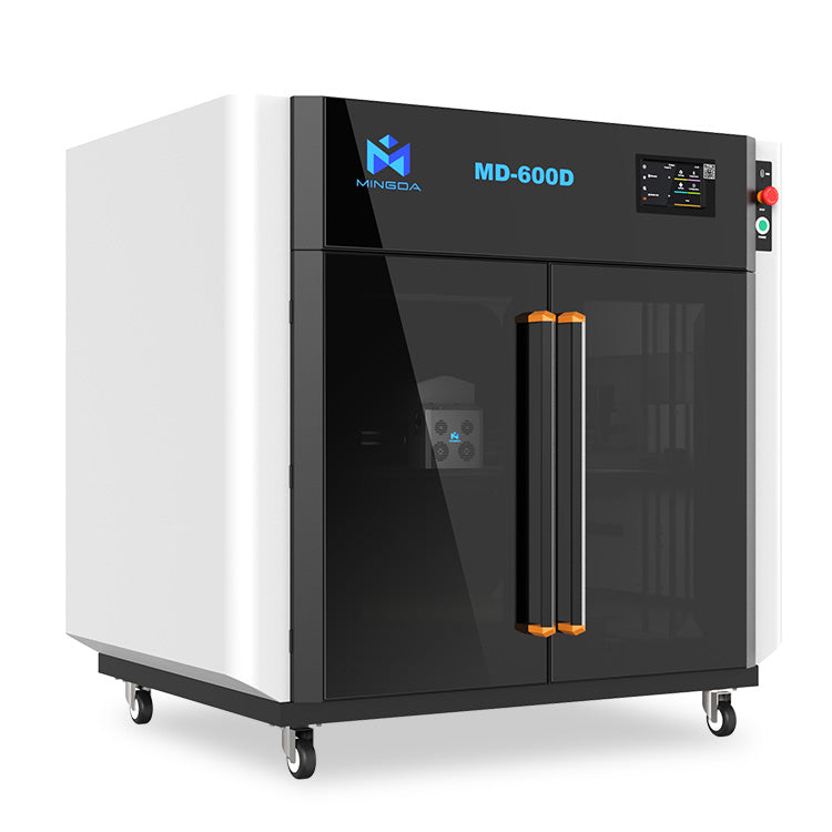 A white and black MINGDA 3D Printer MINGDA MD-600D for Commercial 600 X 600 X 600mm industrial machine, featuring orange handles and a control panel on the top right corner, offers a large build volume for 3D printing. This unit is mounted on wheels for enhanced mobility.