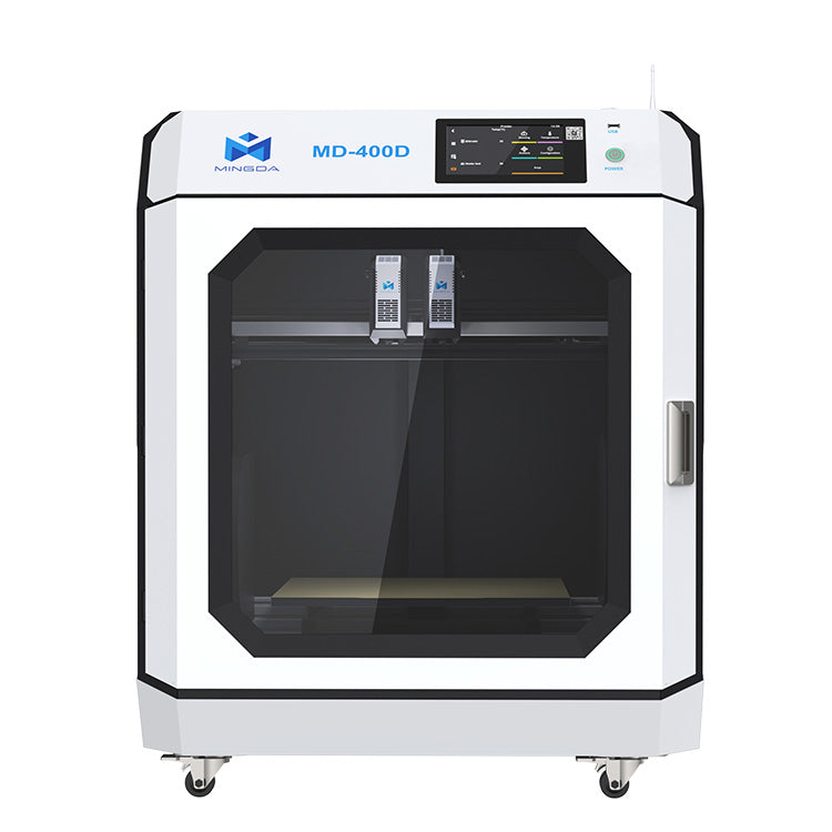 A white 3D Printer MINGDA MD-400D for Education 400 X 400 X 400mm 2024 Model with a black front panel and a display screen on top, boasting a large build volume and standing on wheels.
