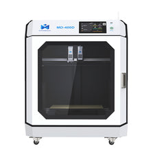 A white 3D Printer MINGDA MD-400D for Education 400 X 400 X 400mm 2024 Model with a black front panel and a display screen on top, boasting a large build volume and standing on wheels.