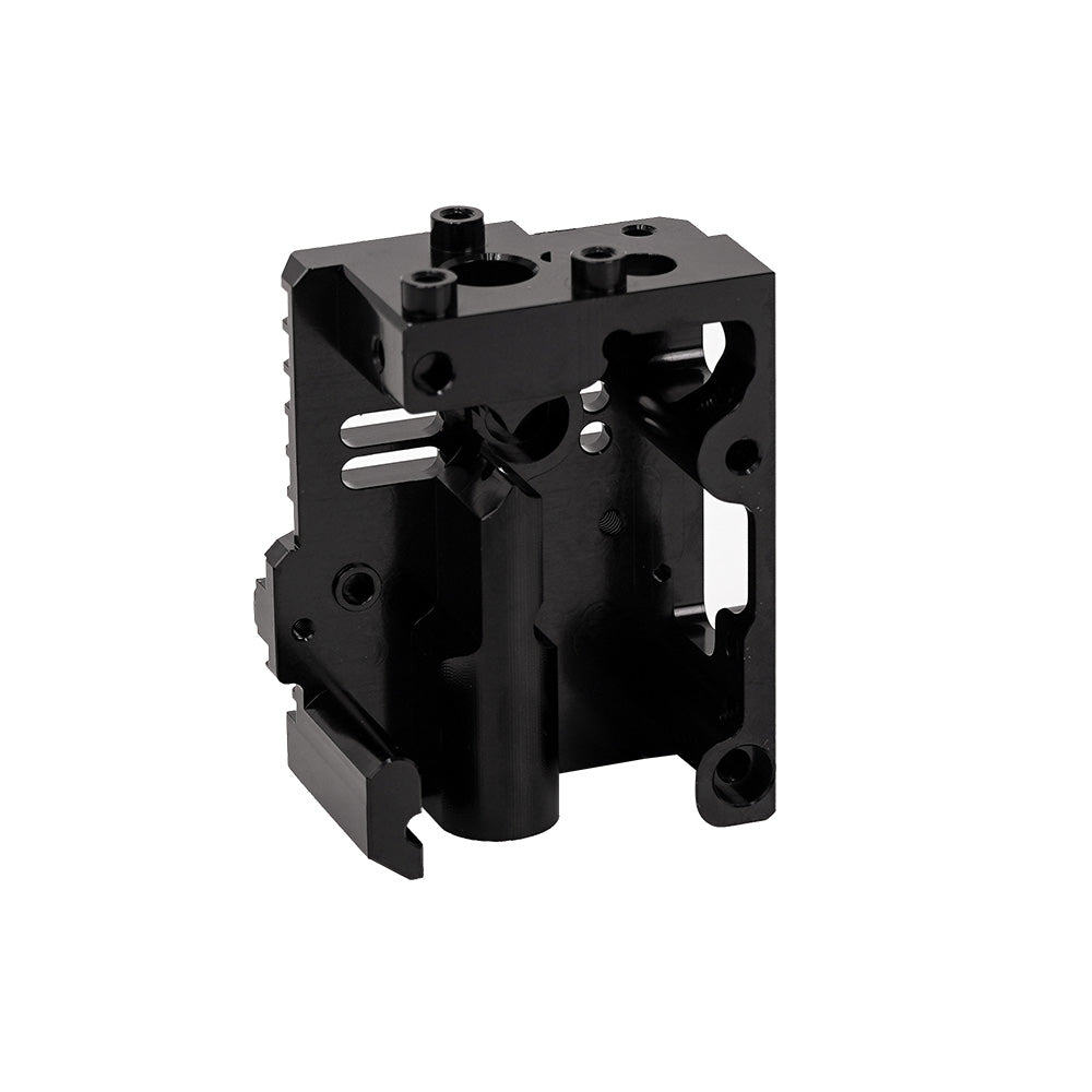 A black MINGDA Magician Feeding Extruder shell Replacement Part for 3D printing on a white background.