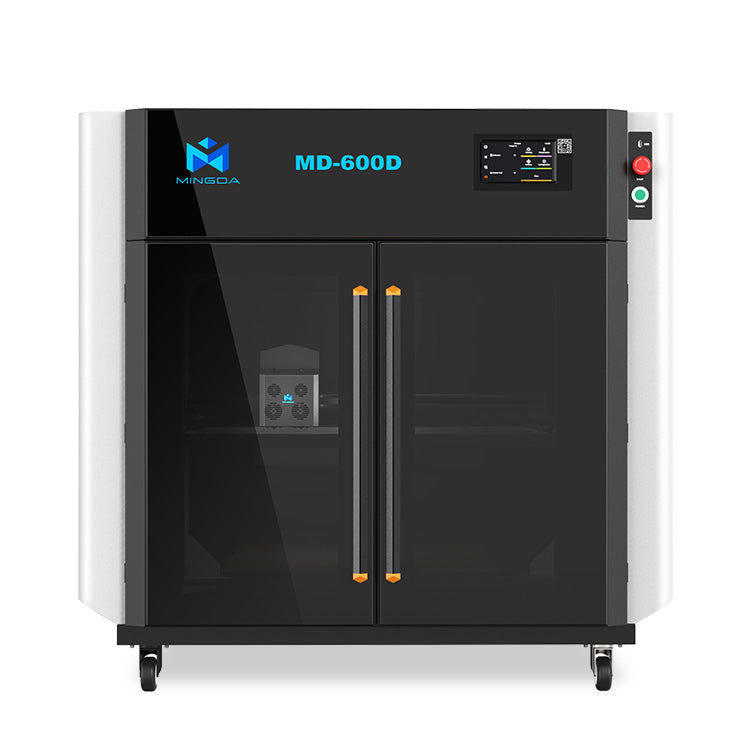 A black and white industrial 3D printer, the 3D Printer MINGDA MD-600D for Commercial 600 X 600 X 600mm by MINGDA, boasts a control panel on the right side, glass doors in the front, and orange handles. Designed for precision, it offers a large build volume to accommodate complex projects.